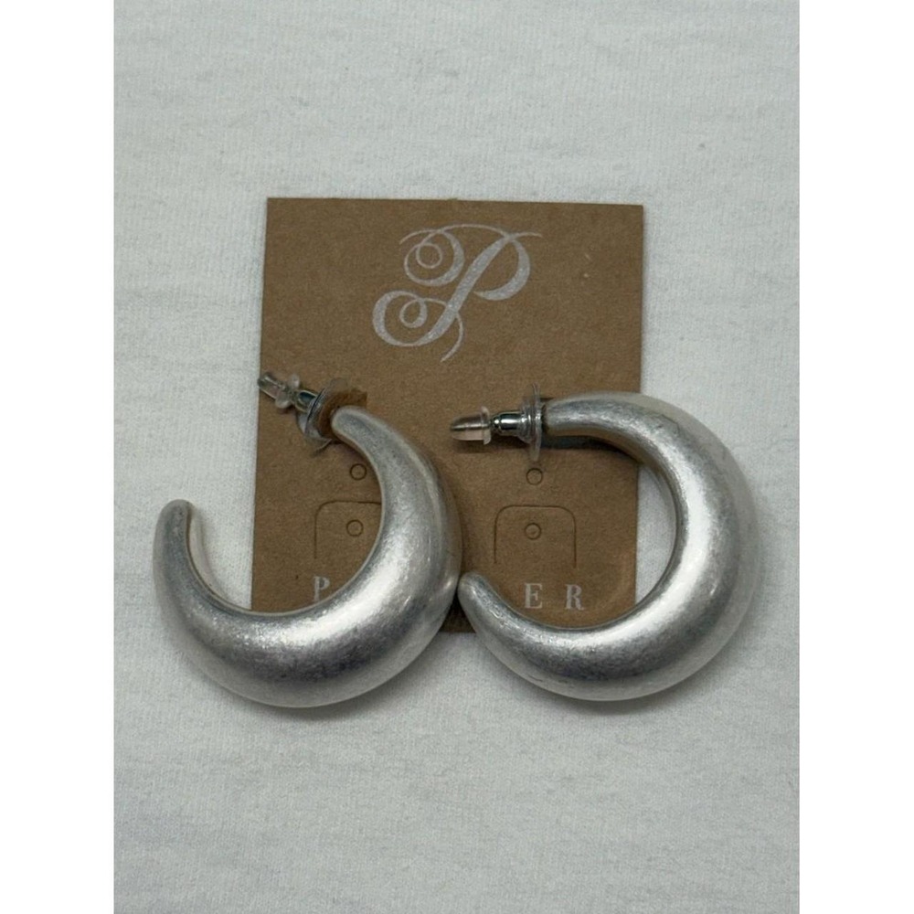 Plunder Matte Silver Crescent Hoop Earrings Chunky Brushed Metallic NWOT